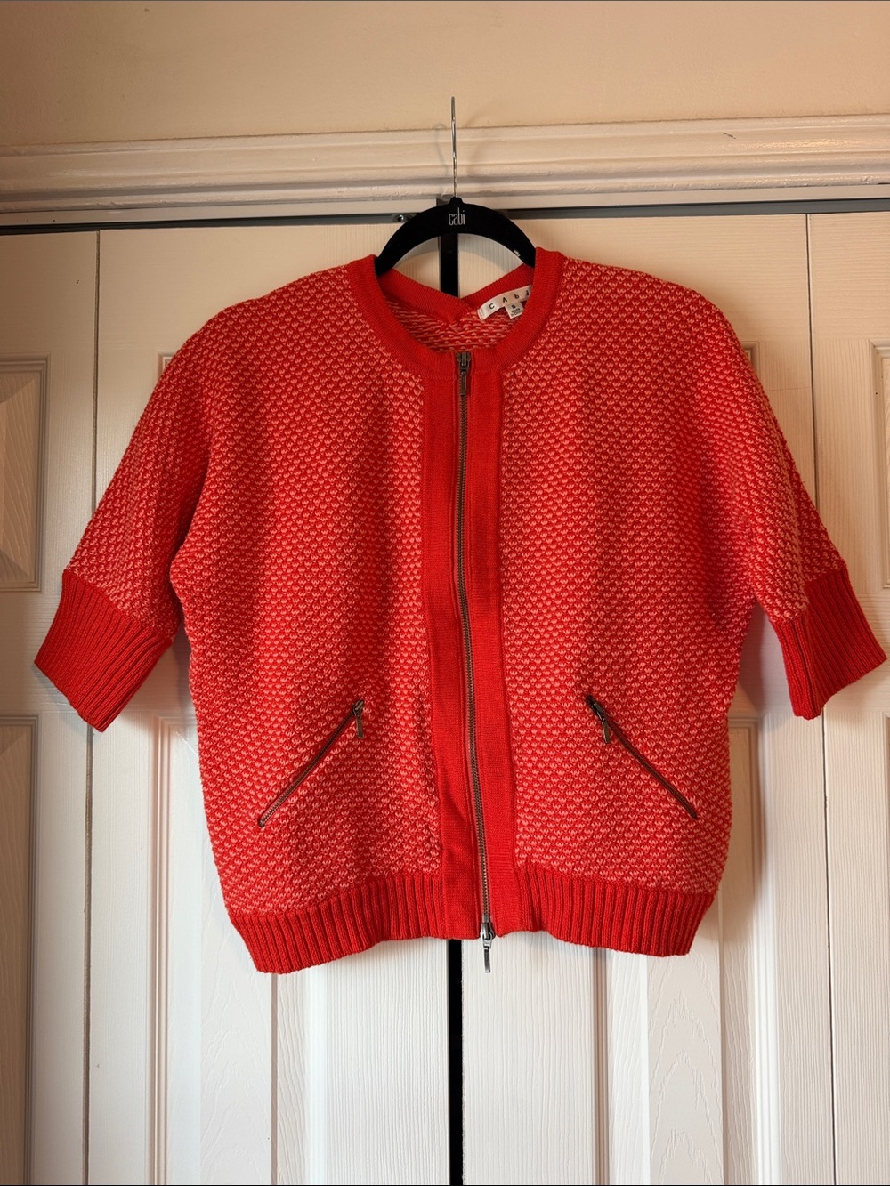 CAbi #195 Red/Orange Textured Zip-Front Short-Sleeve Cardigan - Picture 4 of 7